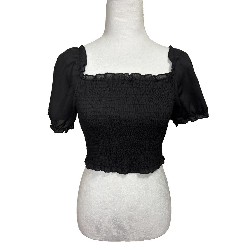 Smocked‎ Crop Top Black Square Neck Puff Sleeve Ruffle Trim Cottage Festival S